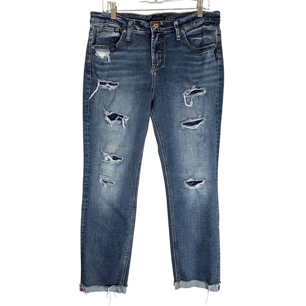 Silver Jeans Co Beau Distressed Ripped Straight Leg Crop Jeans‎ Women's Sz 33x27